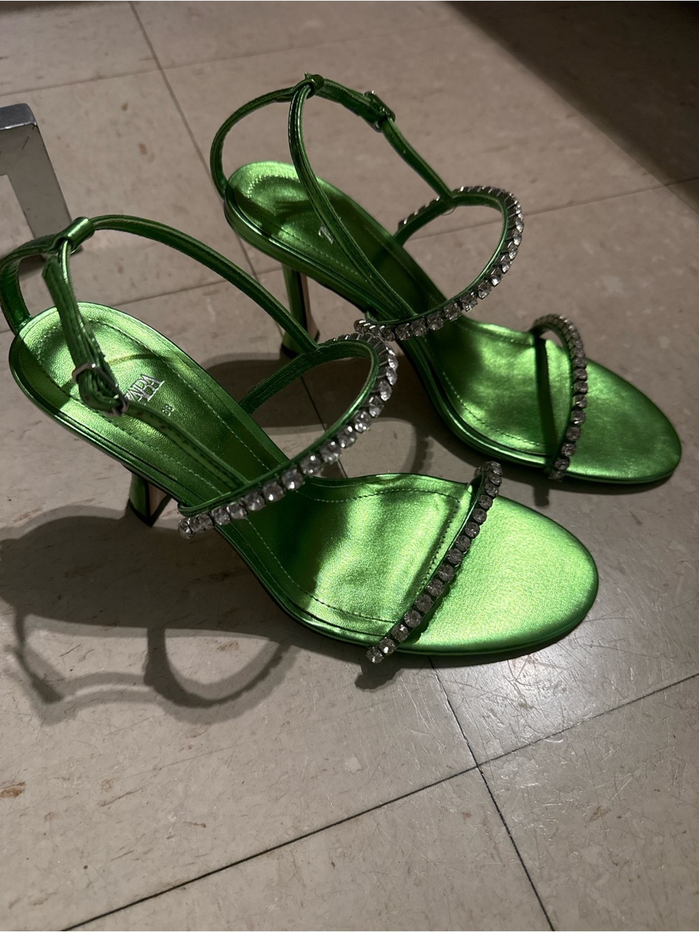 Zara Metallic Emerald Satin Rhinestone-Strap Heels